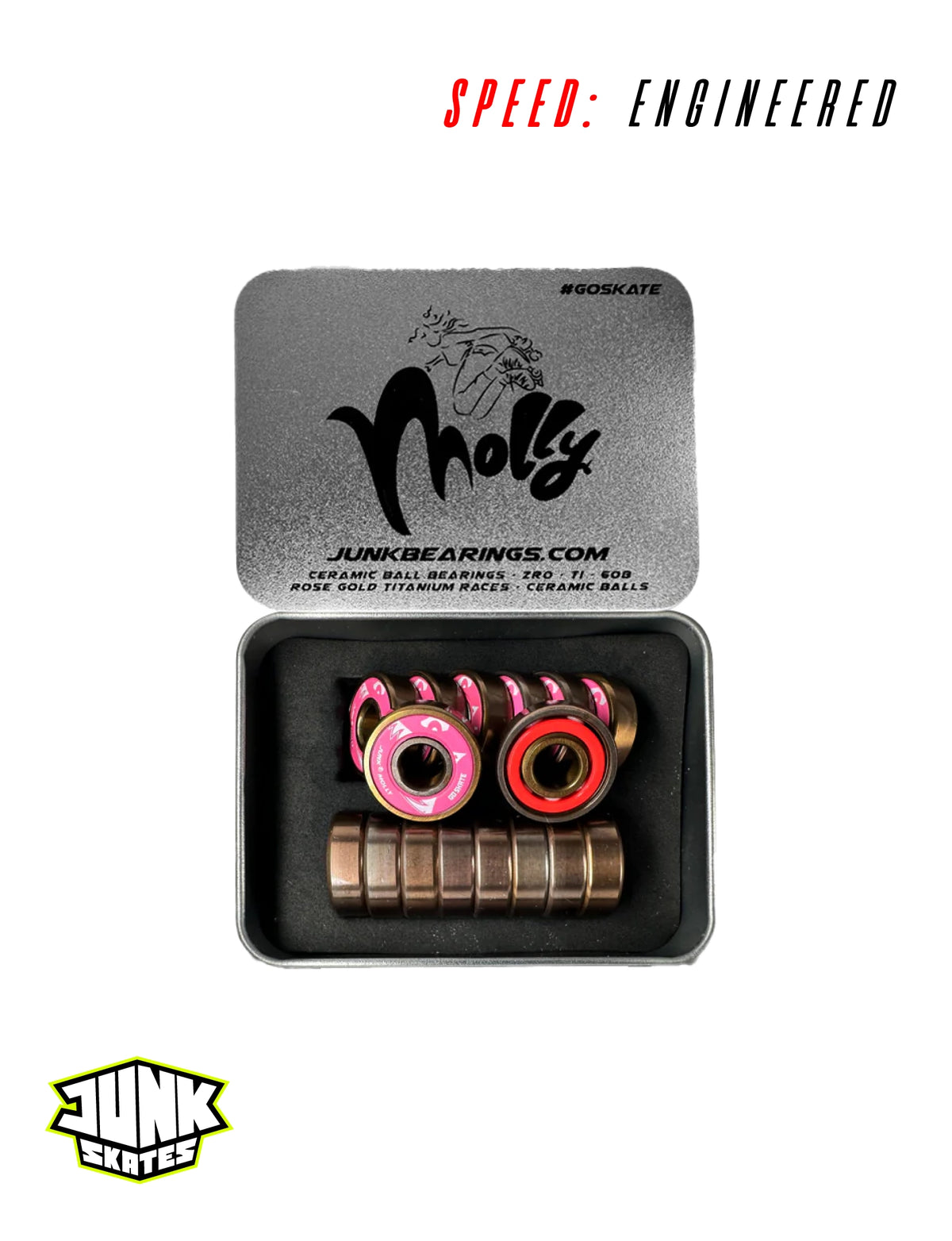 Junk Molly Ceramic Bearings 🛼🌸✨ – Rose Gold + Titanium – Park & Speed Skater Edition